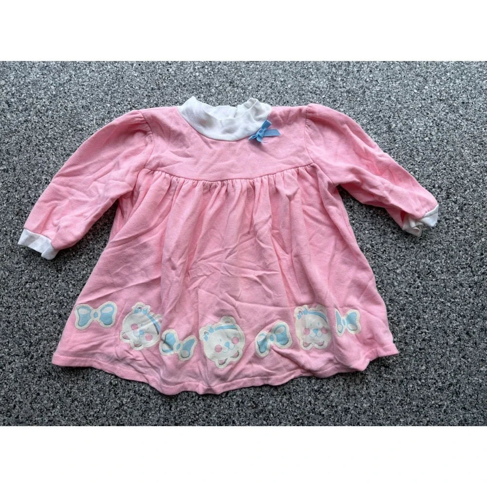 Vintage Pink Teddy Bear Graphic Long Sleeve Mock Neck Knit Dress Kids Baby